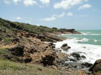 Costão rochoso onde está localizado o geossítio Dique de Riolito Tardio do Granito do Cabo. Foto: Rogério Valença Ferreira.