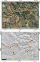 Fig. 1 - a) Imagem de satélite com a localização dos geossítios da área. G-02 (Serra da Galga); G-06 (Mangabeira); G-19 (Mirante da Serra da Galga); G-20 (Mirante da Fazenda Agronelli); b) modelo digital de terreno da área.