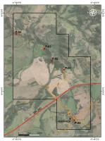Fig. 2 - Imagem de satélite com a área de tombamento de Peirópolis pelo DNPM, atual Agência Nacional de Mineração (ANP) e os pontos estudados por Ivor Price na região.