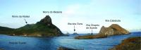 – Vista do Mirante Forte São Joaquim, de onde se vê a entrada da Baía de Sueste, destacando-se o Morro do Medeirae a Ilha Cabeluda e Chapéu de Sueste. Foto: Rogério Valença Ferreira.

