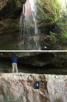 Fig. 3 - a) Cachoeira do Giovane; b) detalhe do nível de entupimento da caverna composto por sedimentos arenosos e conglomeráticos.