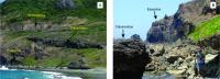 A) Vista da base do Morro da Atalaia, na Enseada da Atalaia, onde se observa o contato de rochas piroclásticas, essexitos e calcarenitos (detalhe em B). Fotos: Wilson Wildner