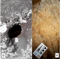 Figura 3 – Fotografias de campo do ponto 2 (coordenadas: S 20º 18.790' W 046º31.609', cota: 821 m) da trilha Casca d’Anta – Leito do Velho Chico (Segmento Comum): G) Marmita de gigante, com mais de 30 cm de diâmetro. H) Bloco rolado ex-situ no leito menor do rio, de quartzito micáceo com fenocristais orientados de biotita.
