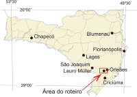 Mapa de localização do roteiro geológico da Serra do Rio do Rastro. Autor: Filho, V. O.; et. al.(2006)