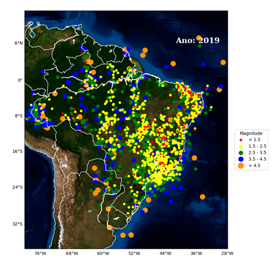 Figura 4: Histórico dos eventos sísmicos catalogados pela RSBR até junho de 2019. Os círculos coloridos representam as magnitudes dos eventos sísmicos.