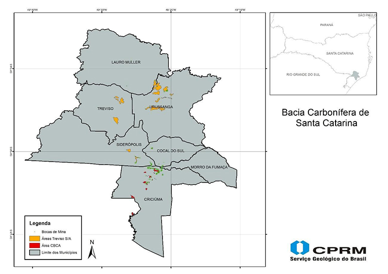 Figura 1  Mapa de localizao da Bacia Carbonfera de Santa Catarina. Fonte: Acervo Ncleo de Apoio Tcnico de Cricima (NUMA) / SUREG-PA. 