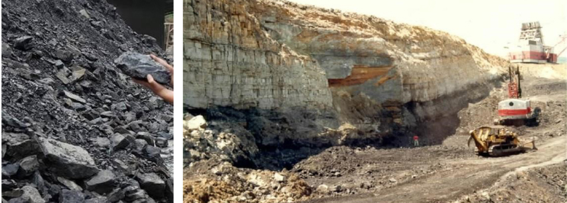 Figura 2  (A) Fotografia de carvo mineral e (B) Fotografia de camada de carvo na Mina Morozini (Carbonfera Prspera) em operao na dcada de 80.
Fonte: A: Janis Linda L. Morais, 2020, SUREG-PA; B: Cedido do acervo pessoal do Eng. Tiago Silvestrini.