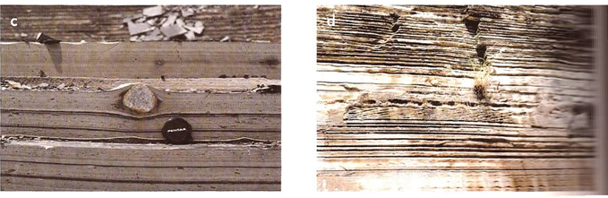  Acima,  esquerda, varvito de Itu com clasto cado.  direita, o mesmo varvito (Campos & Santos)